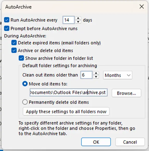 Autoarchive settings