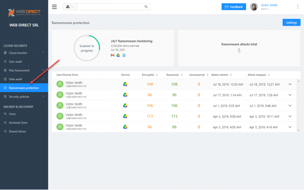 Accessing the Ransomware protection module in SpinOne