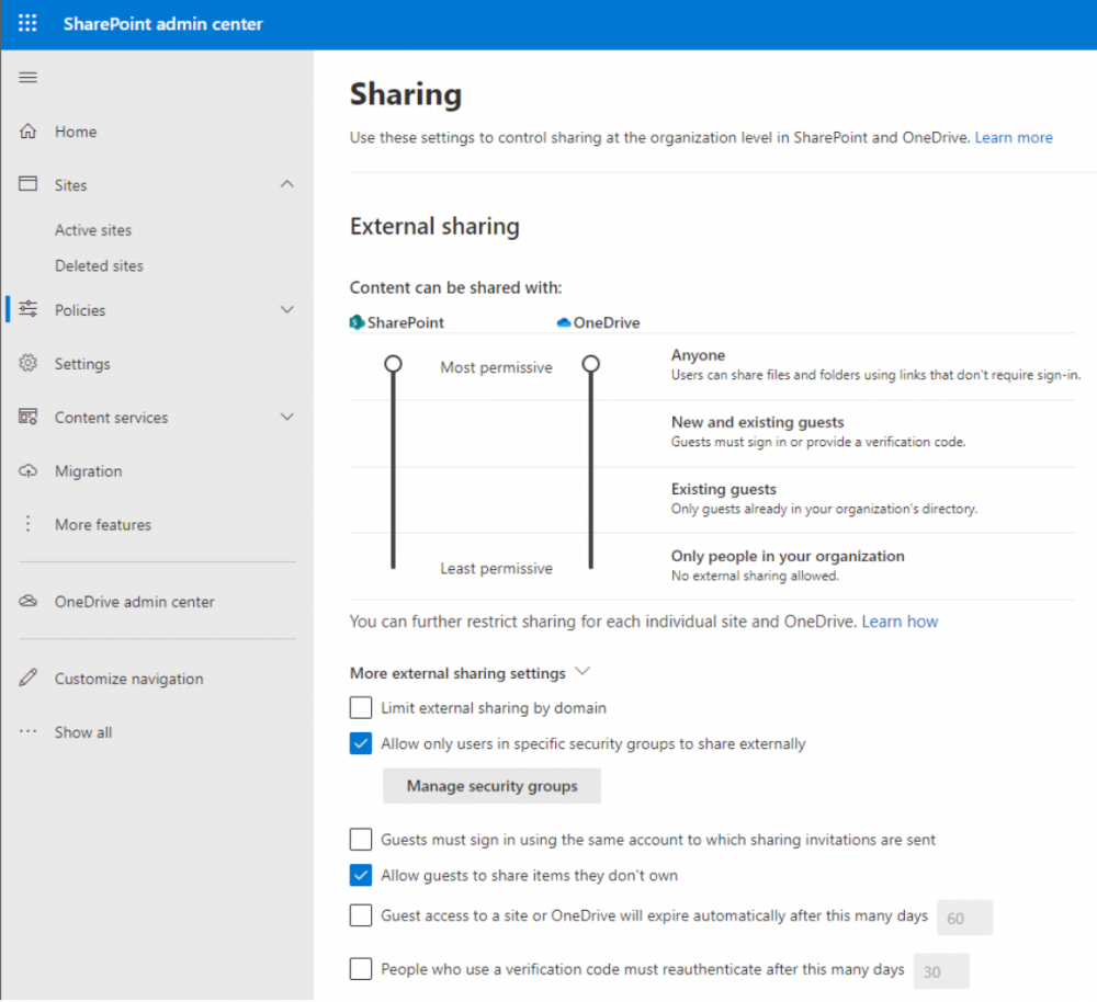 Configuring advanced sharing settings in Microsoft 365 for SharePoint and OneDrive