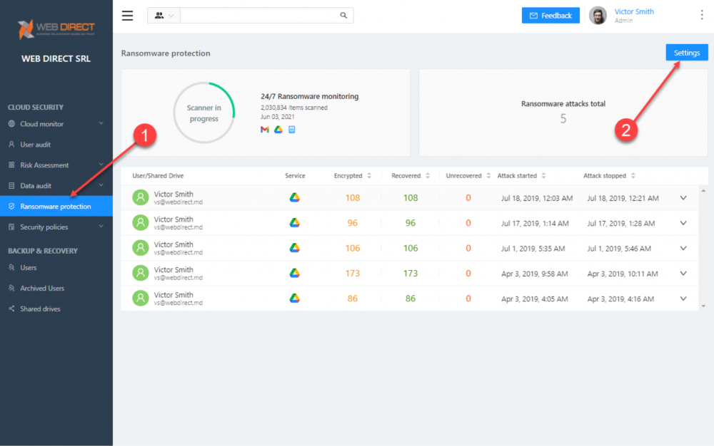 Viewing the settings for the Ransomware Protection module in SpinOne