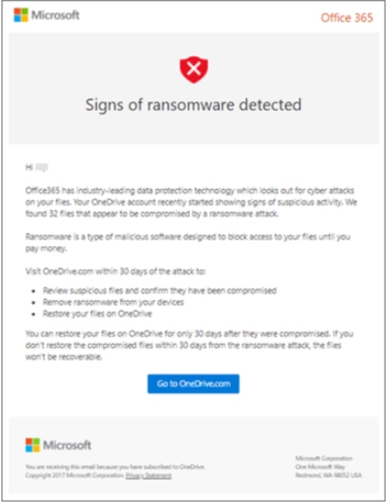 Microsoft 365 ransomware detection message