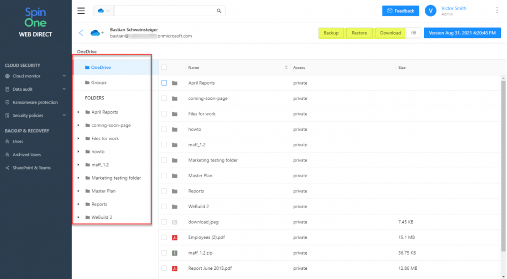 Browse the folder structure for OneDrive in SpinOne file restore