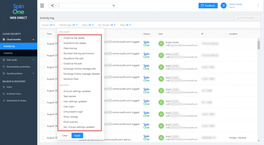 Filtering the activity type in the activity log of the SpinOne Cloud monitor