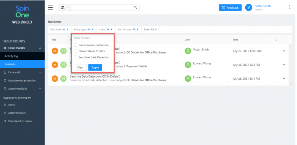 Cloud Applications Data: SpinOne Cloud Monitor Incidents dashboard