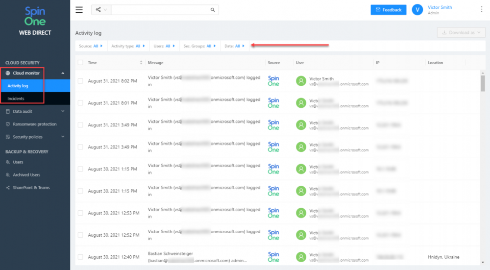 New security features: SpinOne Cloud monitor activity log