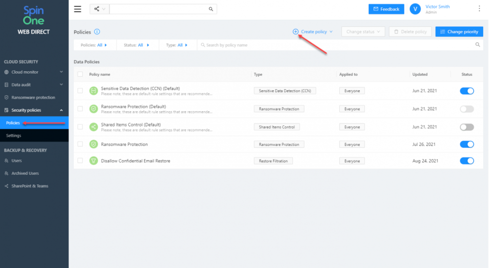 SpinOne Security Policies configuration