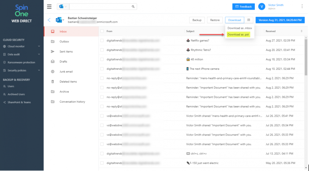 SpinOne allows cloud administrators to download Exchange Online emails as a PST file