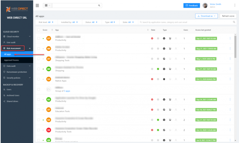 Cloud Service Providers: Viewing cloud SaaS applications with the SpinOne Risk Assessment 