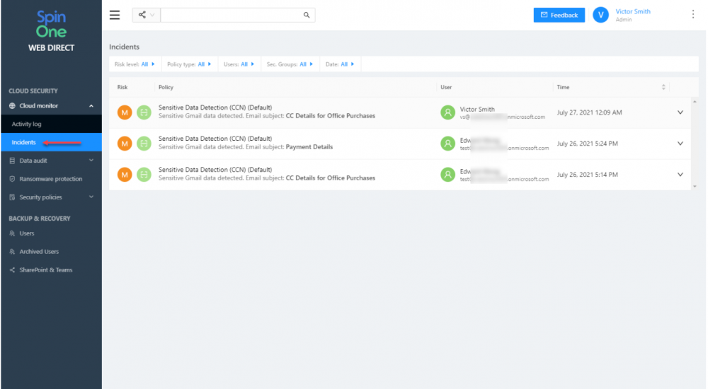 Viewing the incidents in the SpinOne Cloud monitor