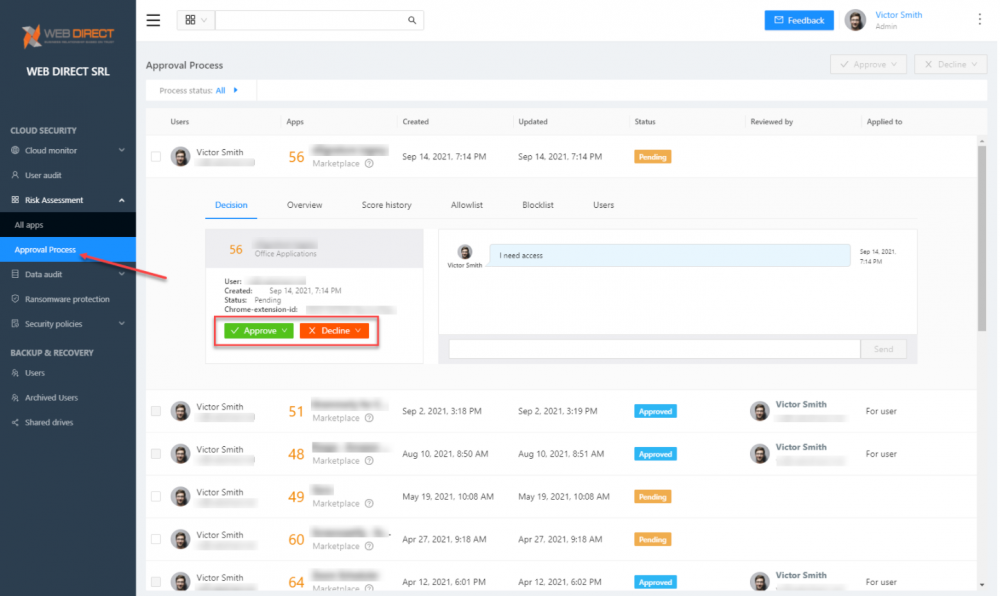 SpinOne Risk Assessment allows approving or declining cloud SaaS applications in the environment