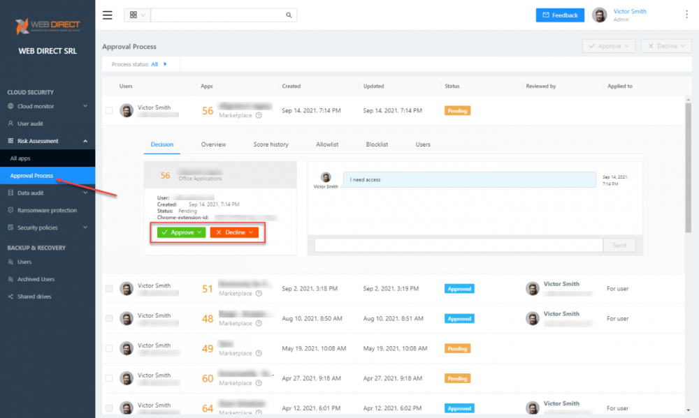 SpinOne approval process for approving or declining cloud SaaS application access