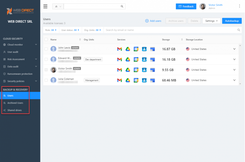 SpinOne provides backups of cloud SaaS environments