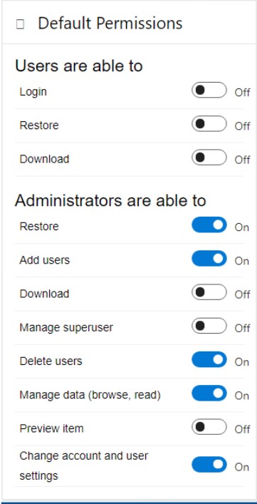 Choosing Default Permissions for Users and Administrators in Spinbackup for Office 365