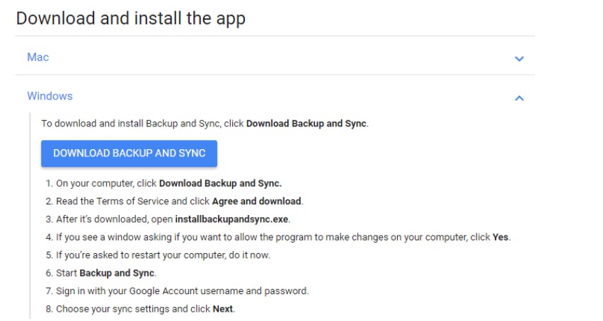 Downloading and installing the Google Backup and Sync application