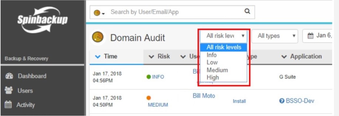 Filtering the Spinbackup Domain Audit view by risk level