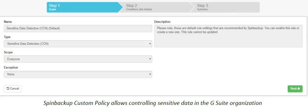 | Spin.AI Spinbackup Custom Policy allows controlling sensitive data in the Google Workspace™ organization
