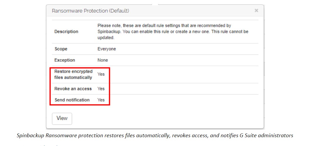 Spinbackup Ransomware protection restores files automatically, revokes access, and notifies Google Workspace administrators