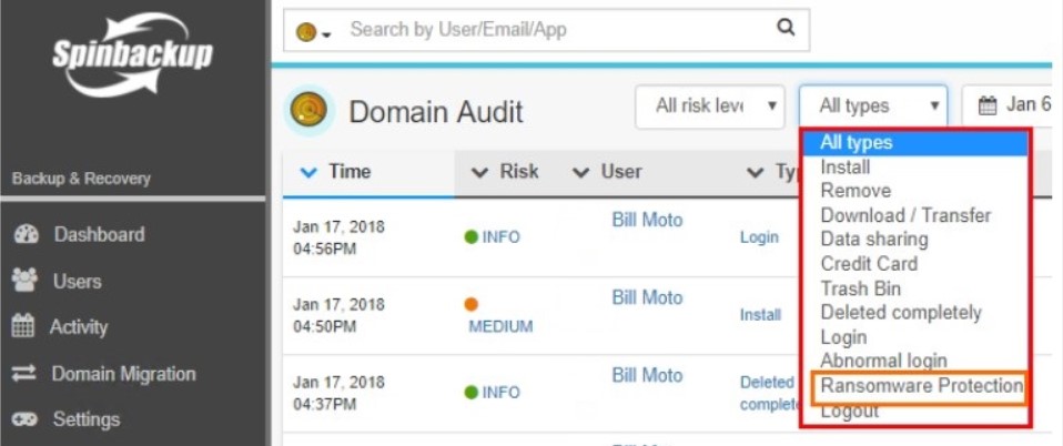Using the Spinbackup Domain Audit dashboard to view events type