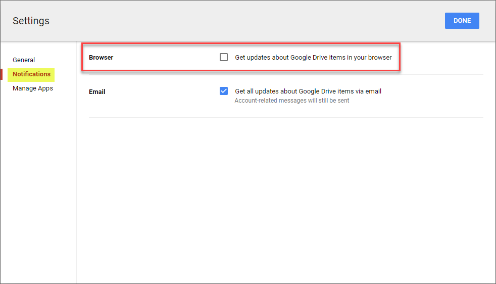 Browser notifications for Google Drive