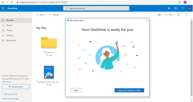 onedrive create account to bakcup 10