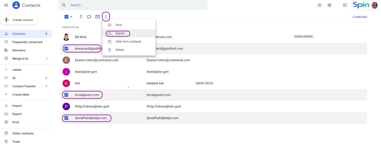 transfer google account contatcs select and export-min