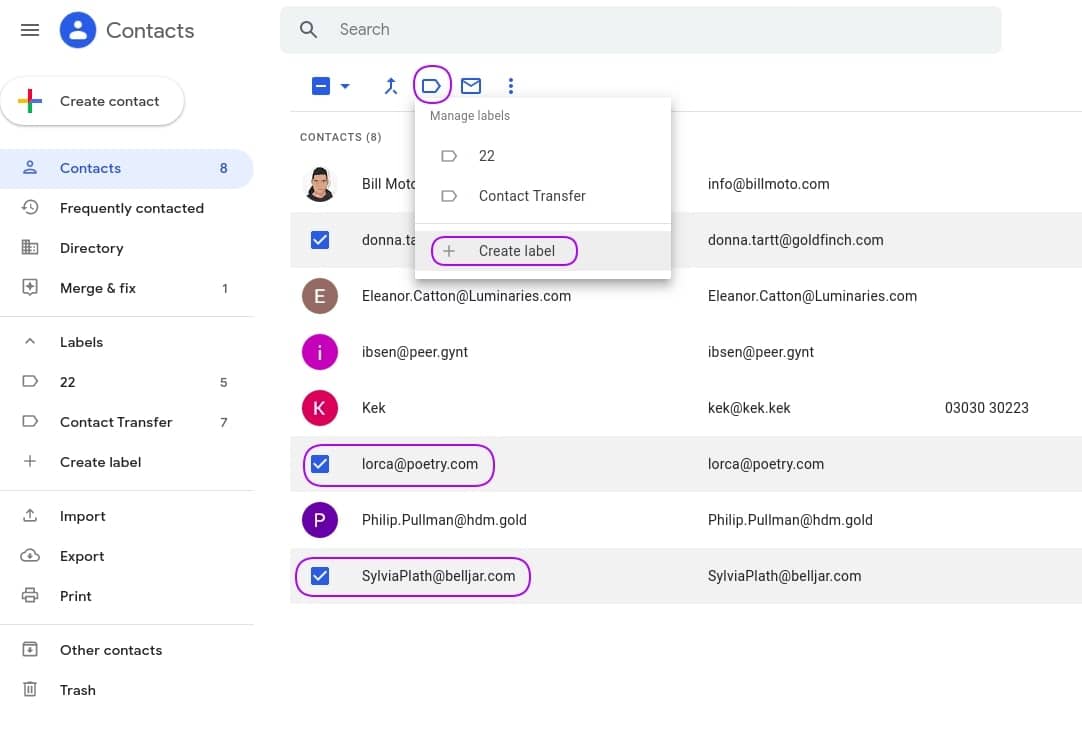 transfer google account contatcs with labels -min