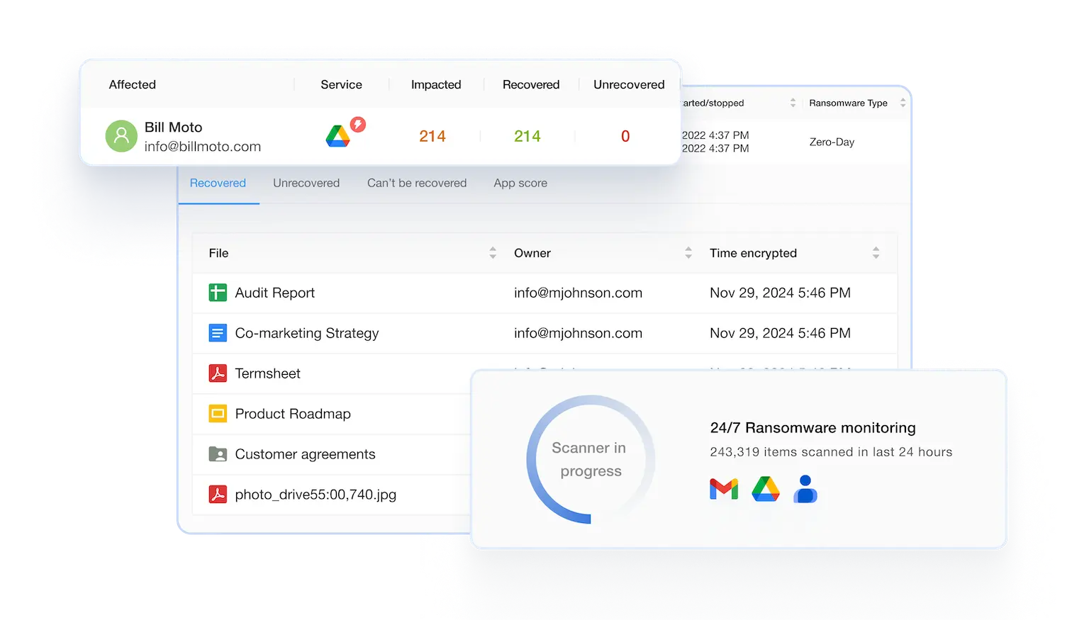 Spin.ai platform featuring ransomware recovery dashboard, affected files, and 24/7 monitoring details.