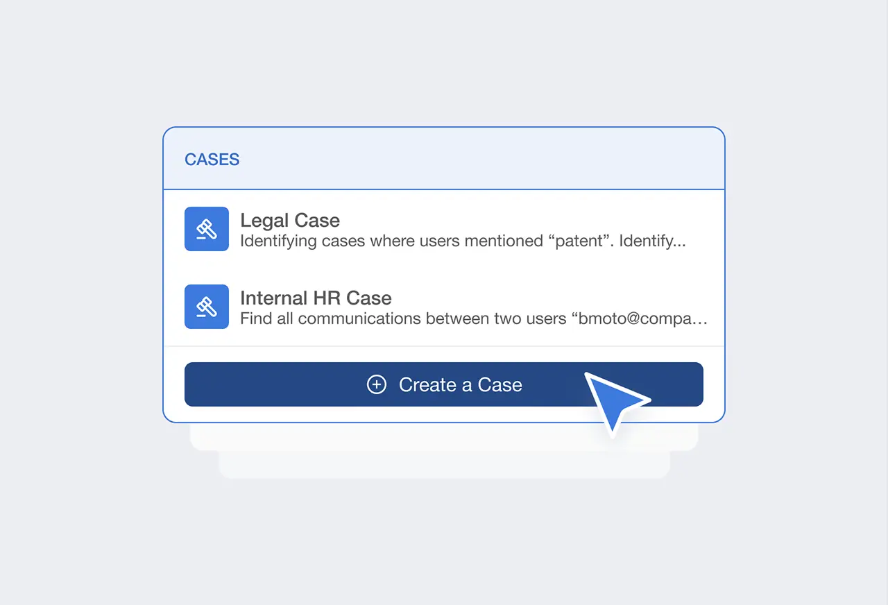 SpinOne Cases view listing Legal and Internal HR cases with a prominent 'Create a Case' button for quick eDiscovery setup.