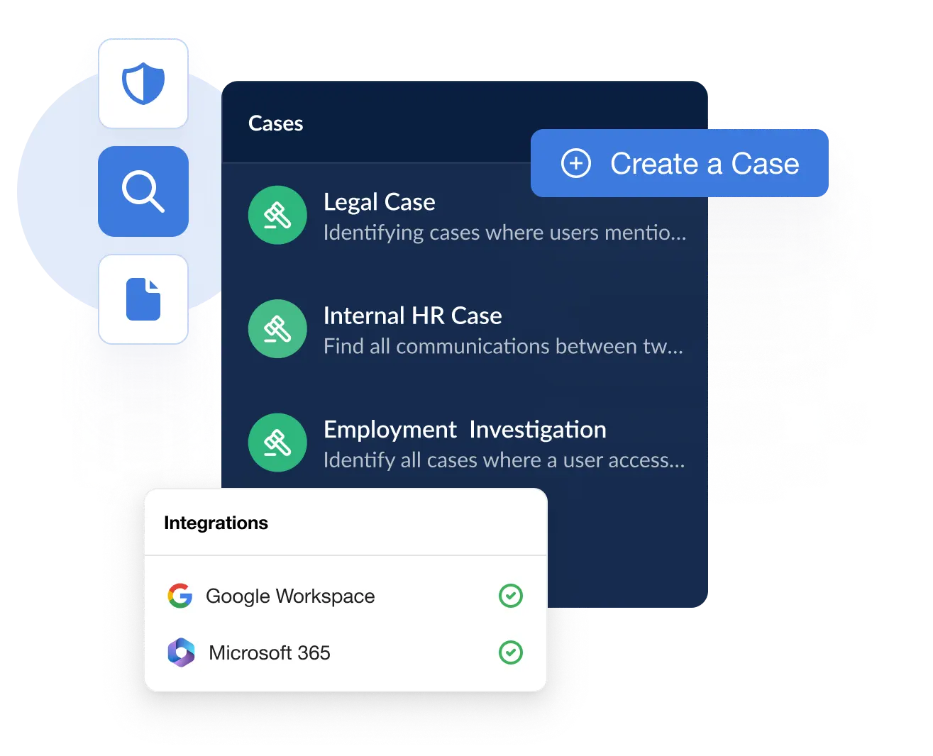 SpinOne eDiscovery dashboard with 'Create a Case' and data sources: Gmail, Drive, Calendar, and Google Chat.