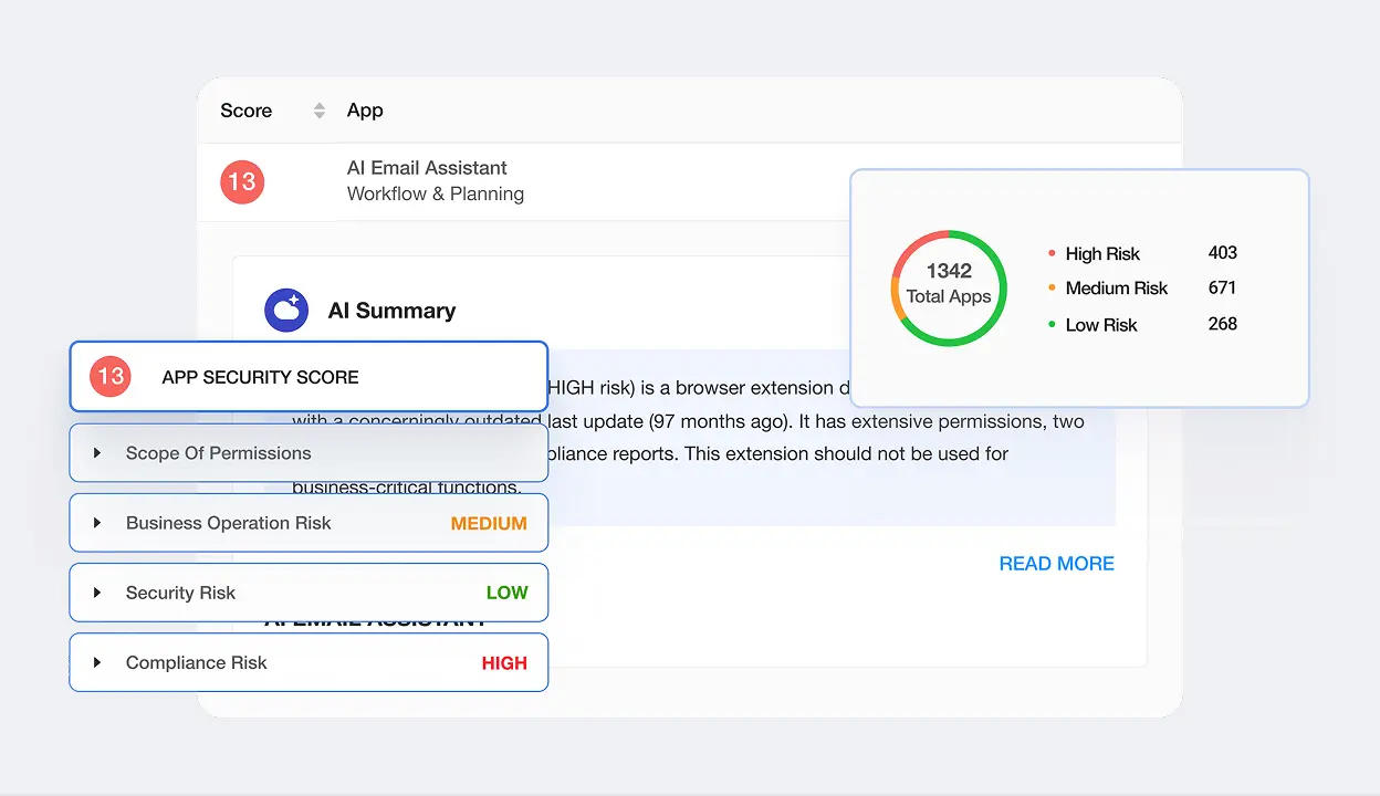 Spin.ai platform assessing application security scores with detailed risk levels and permissions scope.