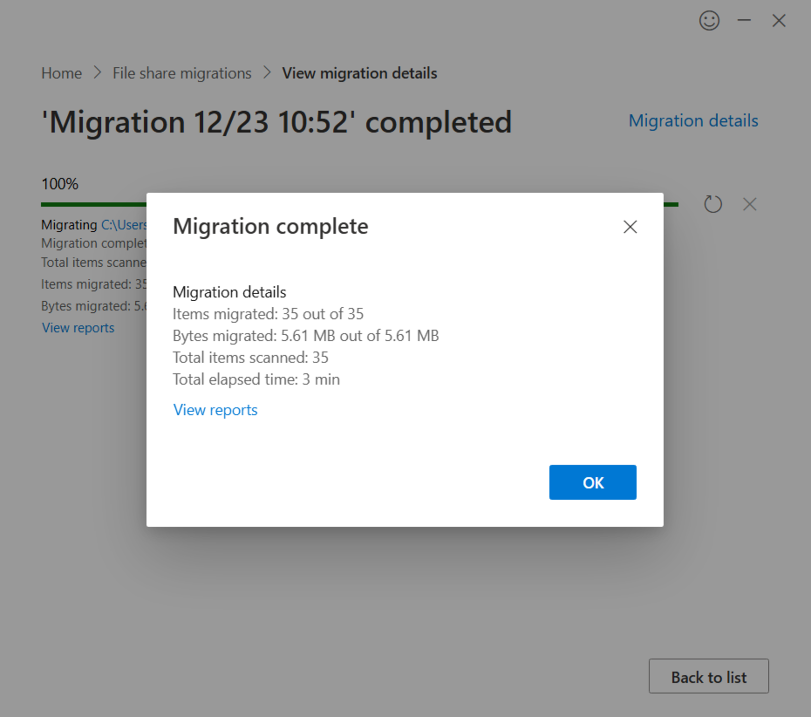 Once the migration process is complete click OK