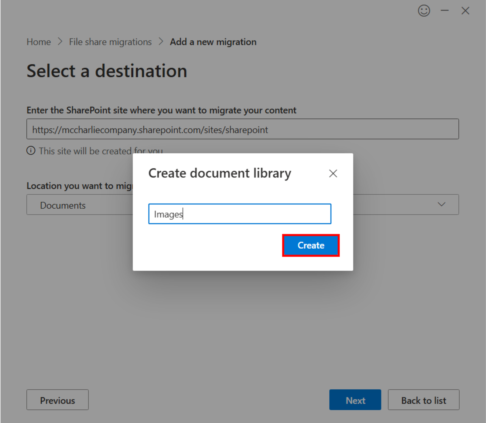 Select the destination library or list